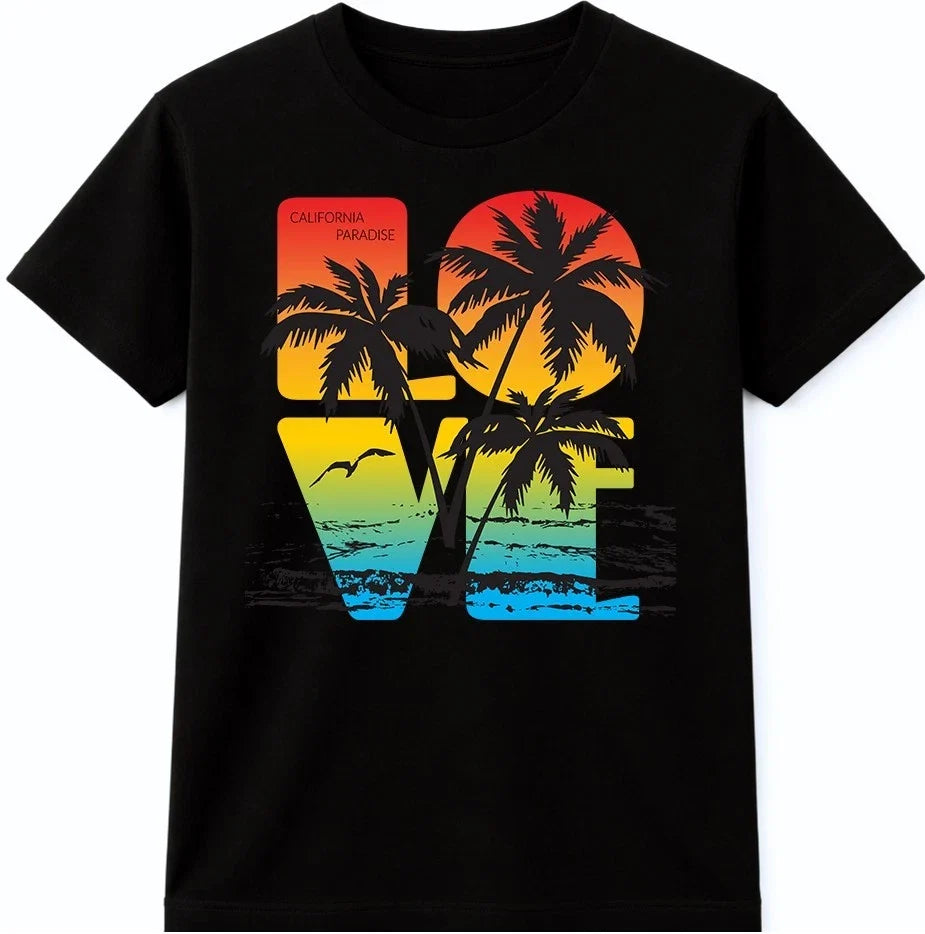 Retro Sunset Palm Trees LOVE T-Shirt Unisex | Beach Summer Tropical Holiday Tee Unisex T-shirt, Sweatshirt, Hoodie, Long Sleeve Tee - T-Shirt, Sweatshirt, Hoodie