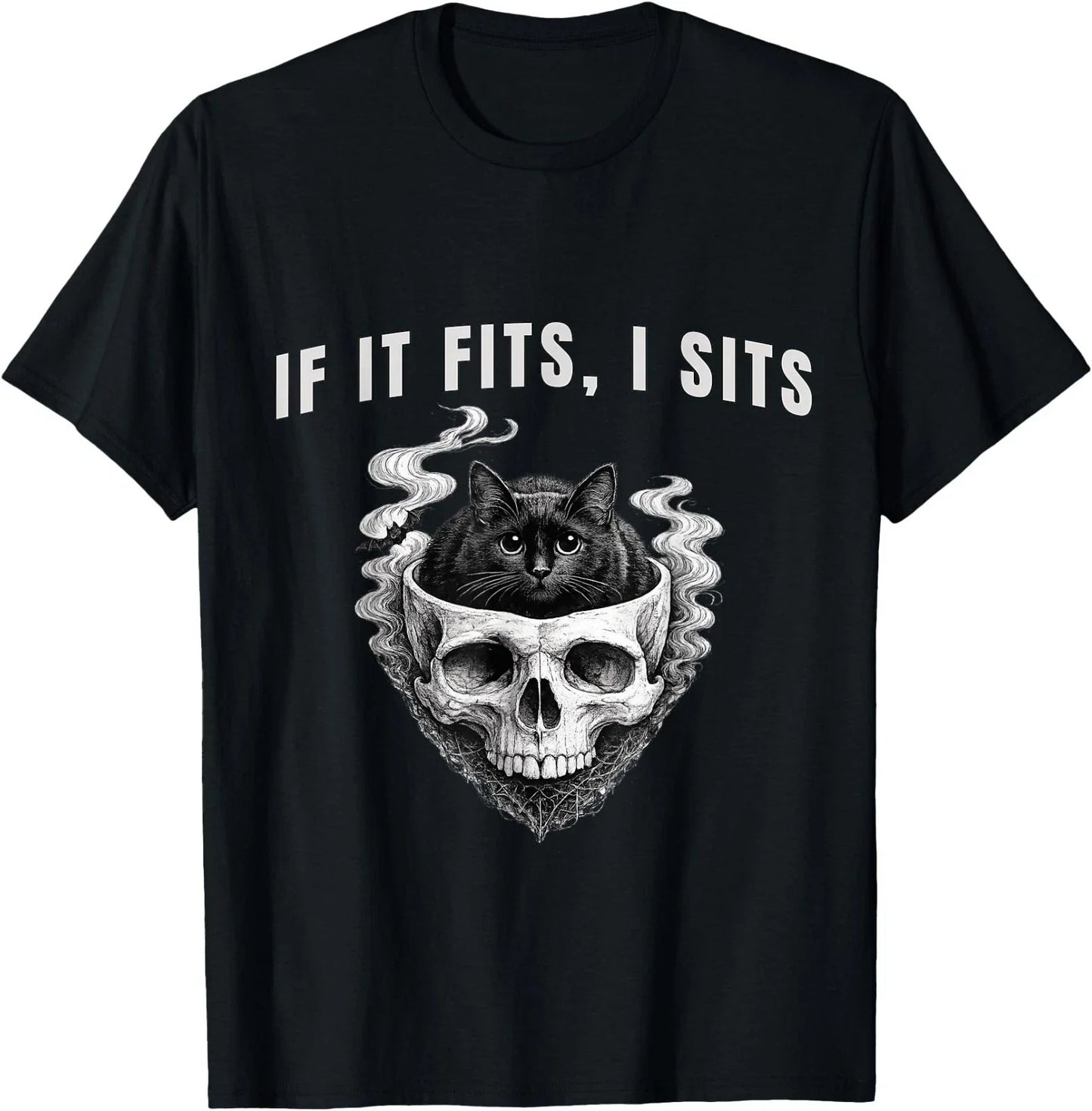 If It Fits, I Sits Black Cat Skull Spooky Minimalist T-Shirt Unisex T-shirt, Sweatshirt, Hoodie, Long Sleeve Tee - T-Shirt, Sweatshirt, Hoodie