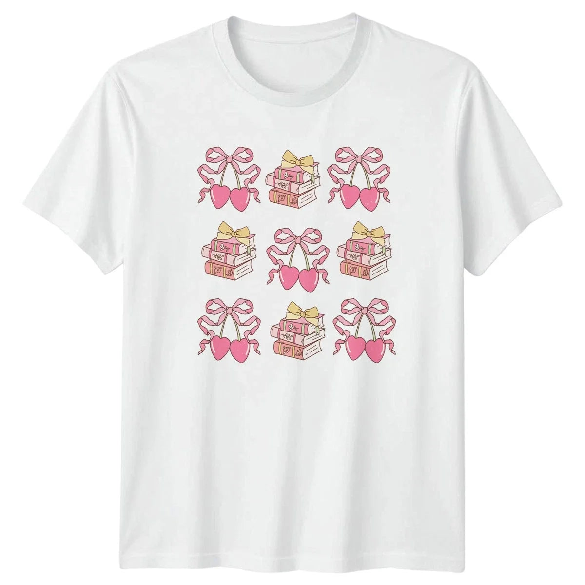 Pink Bow Hearts Book Stack Pattern Womens T-Shirt Coquette Aesthetic Reading Unisex T-shirt, Sweatshirt, Hoodie, Long Sleeve Tee - T-Shirt, Sweatshirt, Hoodie