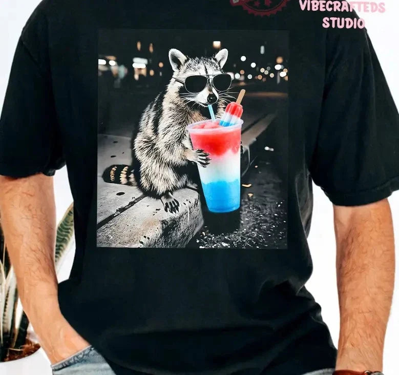 4th of July Raccoon Drinking Patriotic Slushie Shirt, Funny American Meme Tee Unisex T-shirt, Sweatshirt, Hoodie, Long Sleeve Tee - T-Shirt, Sweatshirt, Hoodie