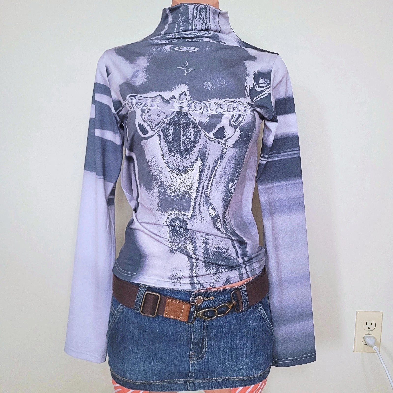BLR Vintage Y2K Graphic Print Mock Neck Semi-Polet Shirt (M) Unisex T-shirt, Sweatshirt, Hoodie, Long Sleeve Tee - T-Shirt, Sweatshirt, Hoodie