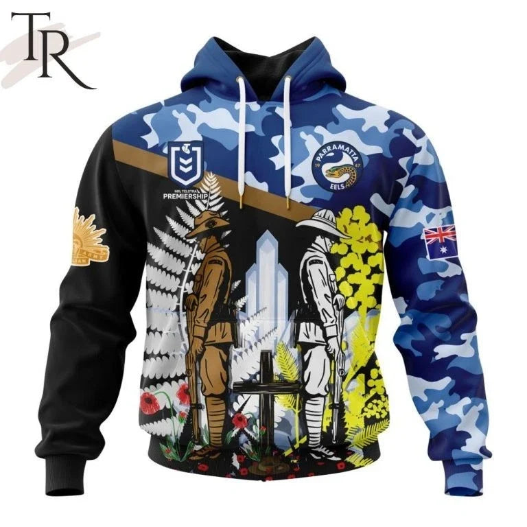 NRL Parramatta Eels Personalized ANZAC Day Design Hoodie, Shirt Unisex T-shirt, Sweatshirt, Hoodie, Long Sleeve Tee - T-Shirt, Sweatshirt, Hoodie