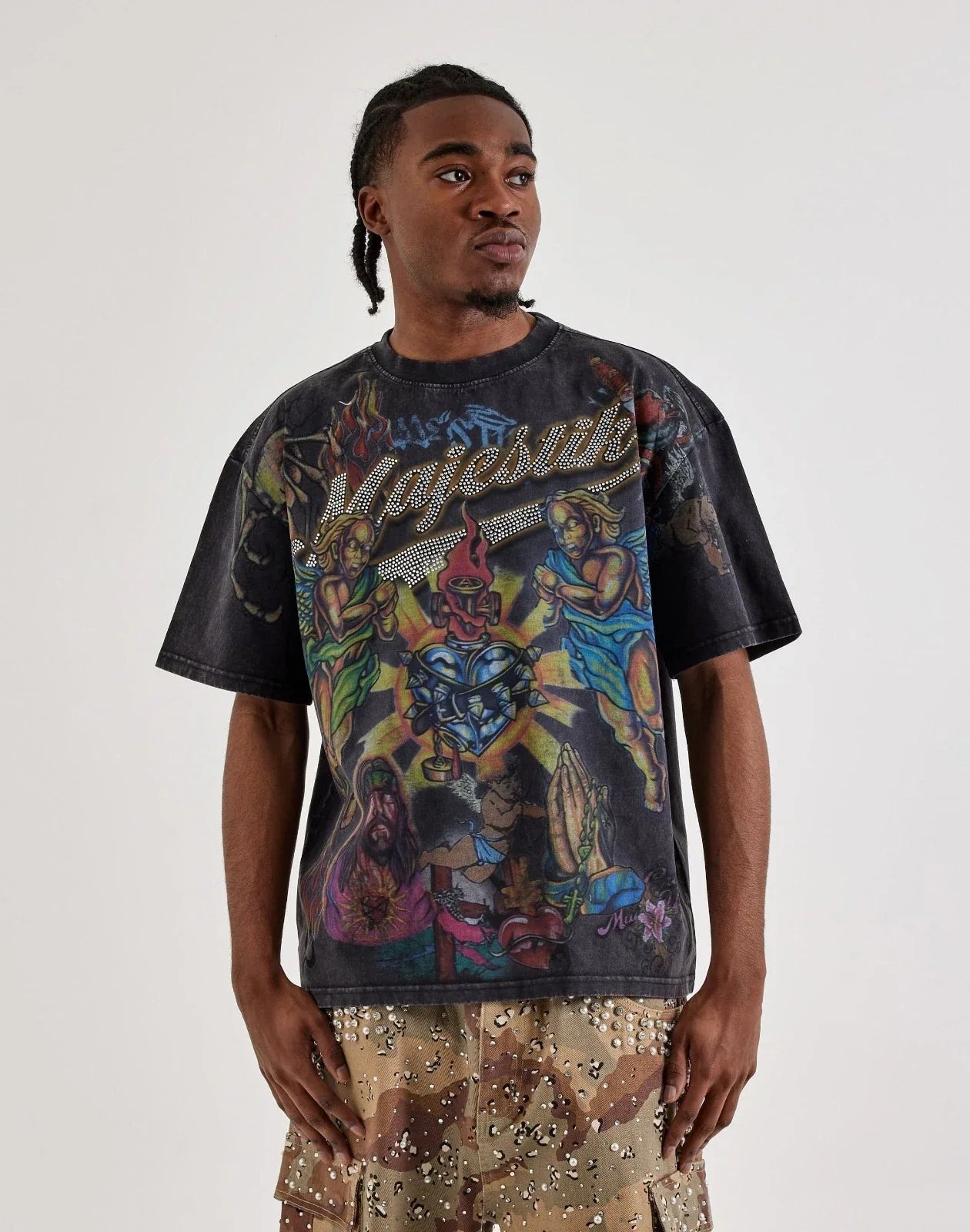 Majestik Graphic Print Jesus Rhinestones Tee M Black mens  Garment Dyed Prayers Unisex T-shirt, Sweatshirt, Hoodie, Long Sleeve Tee - T-Shirt, Sweatshirt, Hoodie