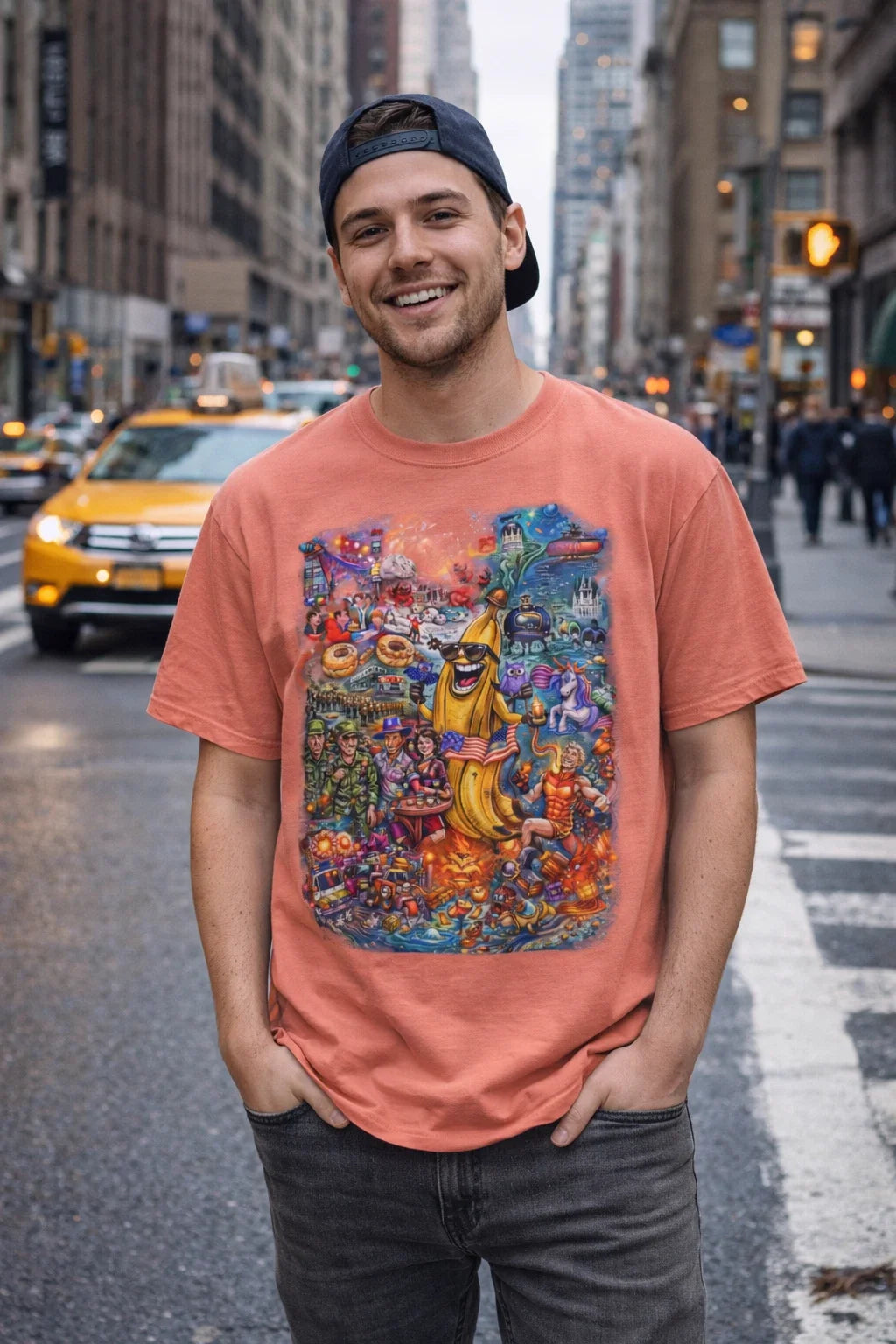 Banana Chaos NYC Graphic T-Shirt Funny Surreal Street Art Tee Bold Cartoon Shirt Unisex T-shirt, Sweatshirt, Hoodie, Long Sleeve Tee - T-Shirt, Sweatshirt, Hoodie