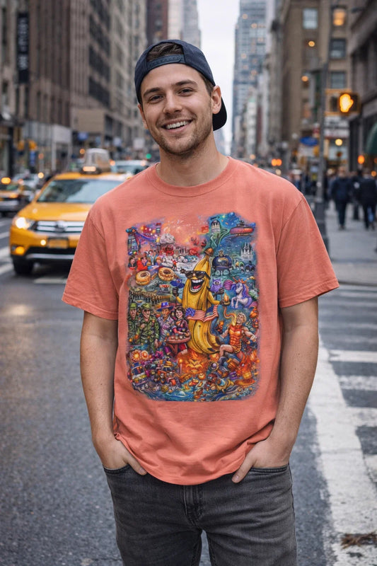 Banana Chaos NYC Graphic T-Shirt Funny Surreal Street Art Tee Bold Cartoon Shirt Unisex T-shirt, Sweatshirt, Hoodie, Long Sleeve Tee - T-Shirt, Sweatshirt, Hoodie