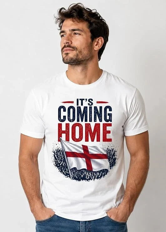 Men's It's Coming Home England Football T Shirt with Flag Print Unisex T-shirt, Sweatshirt, Hoodie, Long Sleeve Tee - T-Shirt, Sweatshirt, Hoodie