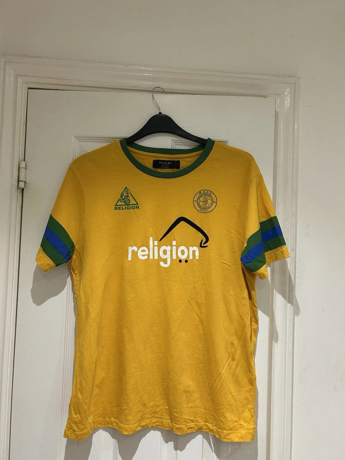 Brazil Football Style Mens  T-Shirt, Religion London Yellow and Green. Size L Unisex T-shirt, Sweatshirt, Hoodie, Long Sleeve Tee - T-Shirt, Sweatshirt, Hoodie