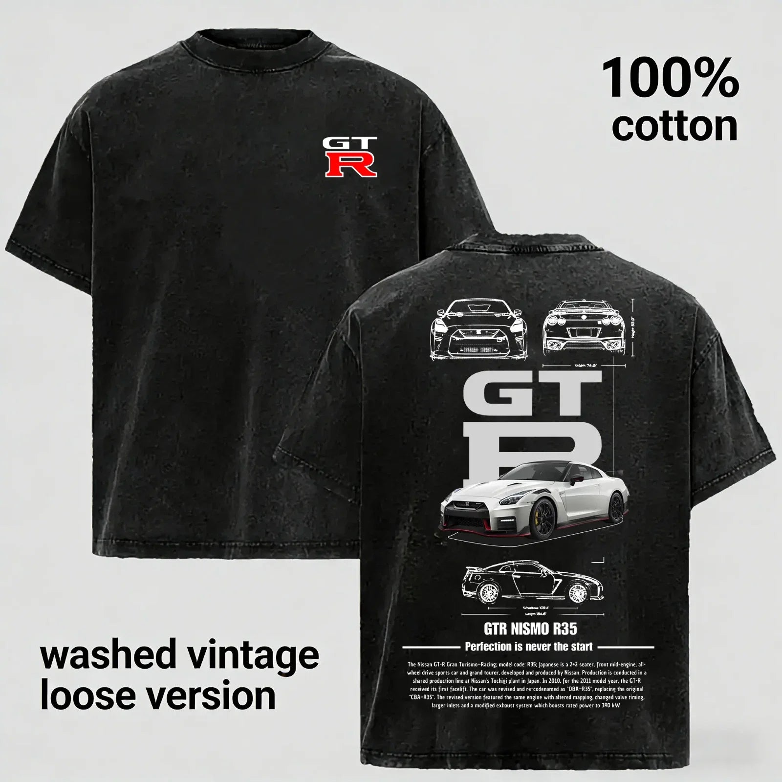 Unisex Vintage Street Style Graphic Gtr R35 T-Shirt, Comfortable Cotton Wash Tee Unisex T-shirt, Sweatshirt, Hoodie, Long Sleeve Tee - T-Shirt, Sweatshirt, Hoodie