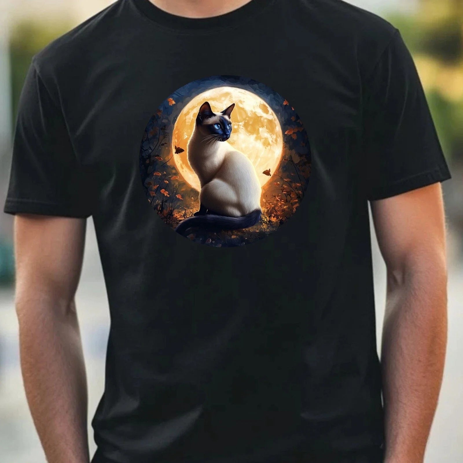 Mens Siamese Cat Full Moon Motif Cotton T-Shirt Size XS to 5XL Unisex T-shirt, Sweatshirt, Hoodie, Long Sleeve Tee - T-Shirt, Sweatshirt, Hoodie