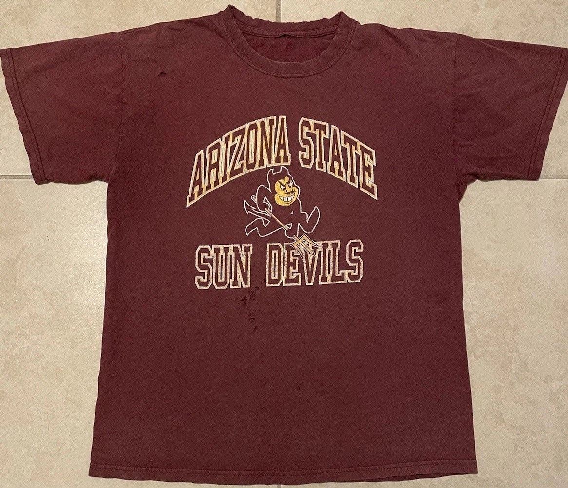 Vtg 90s ASU Sun Devils Thrashed Faded Distress Shirt S Arizona College PE Grunge Unisex T-shirt, Sweatshirt, Hoodie, Long Sleeve Tee - T-Shirt, Sweatshirt, Hoodie