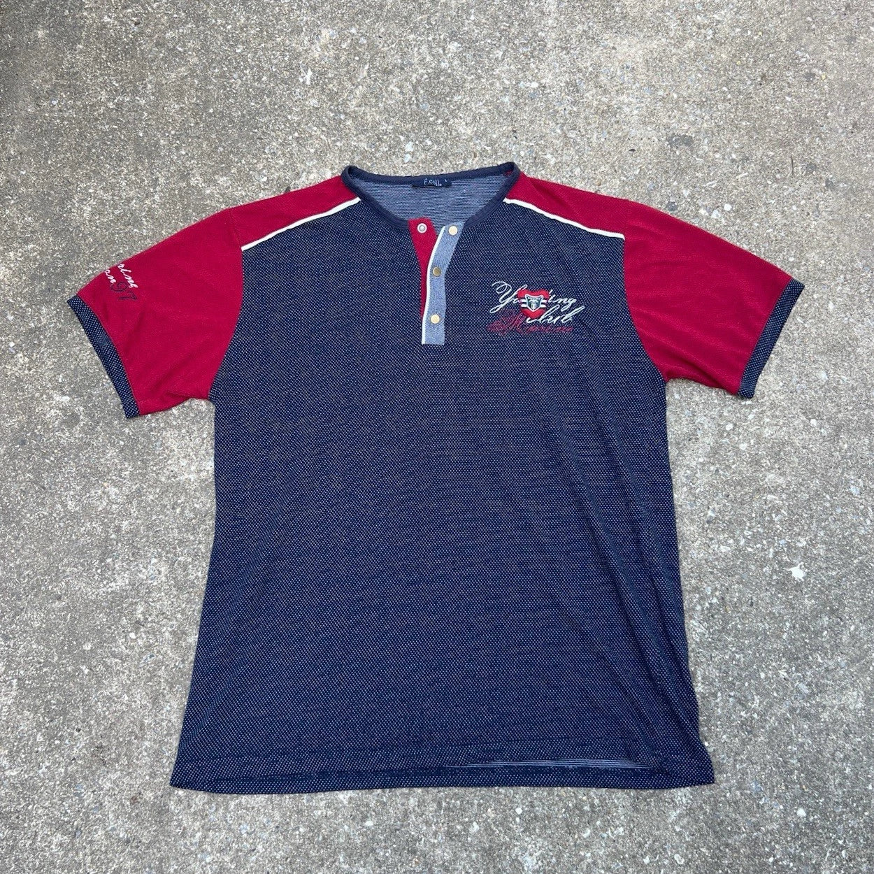 RARE VTG early 00s Y2K red and navy Henley t-shirt with embroidery Unisex T-shirt, Sweatshirt, Hoodie, Long Sleeve Tee - T-Shirt, Sweatshirt, Hoodie
