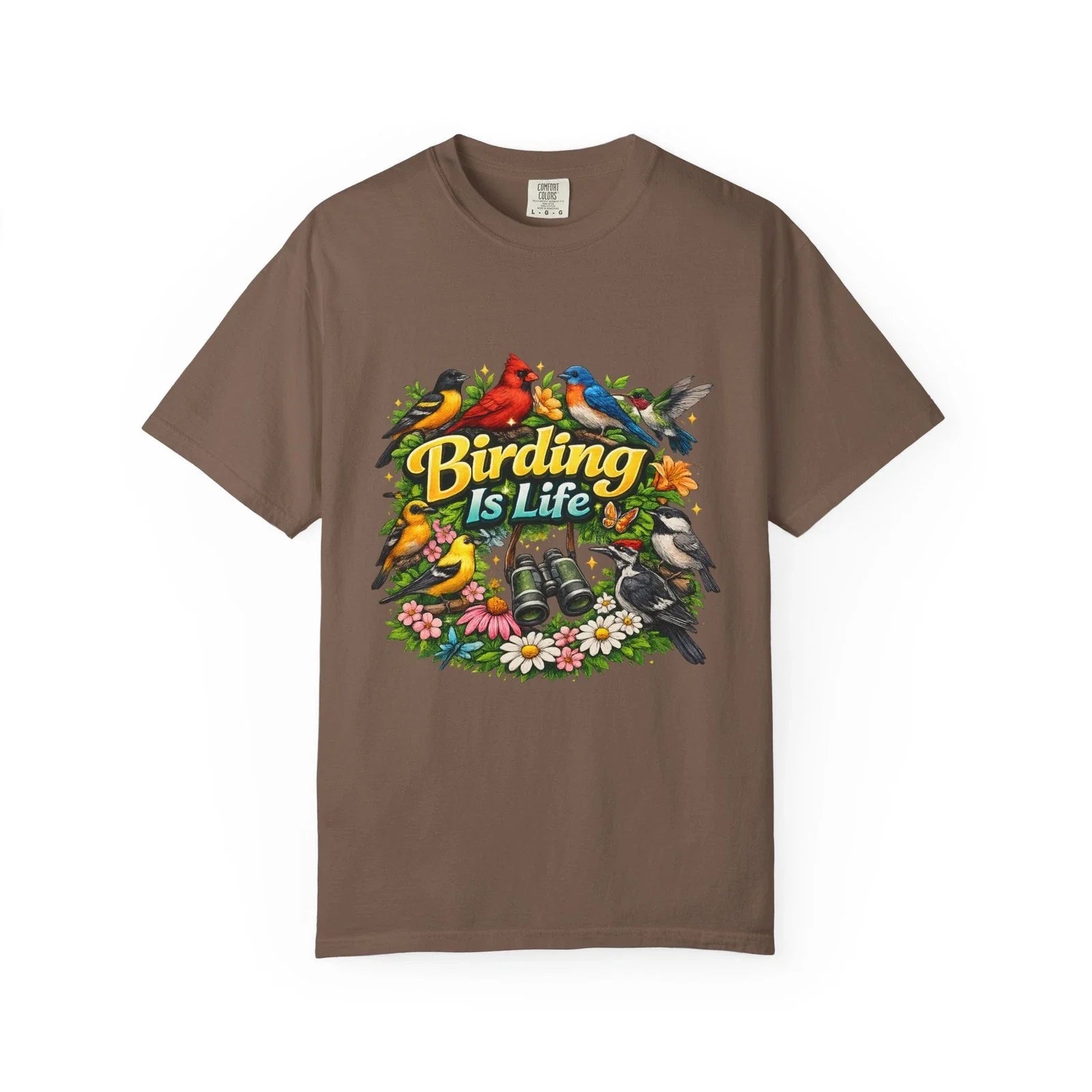 Birding Is Life T-shirt | Colorful Songbirds, Binoculars, Floral Design Unisex T-shirt, Sweatshirt, Hoodie, Long Sleeve Tee - T-Shirt, Sweatshirt, Hoodie