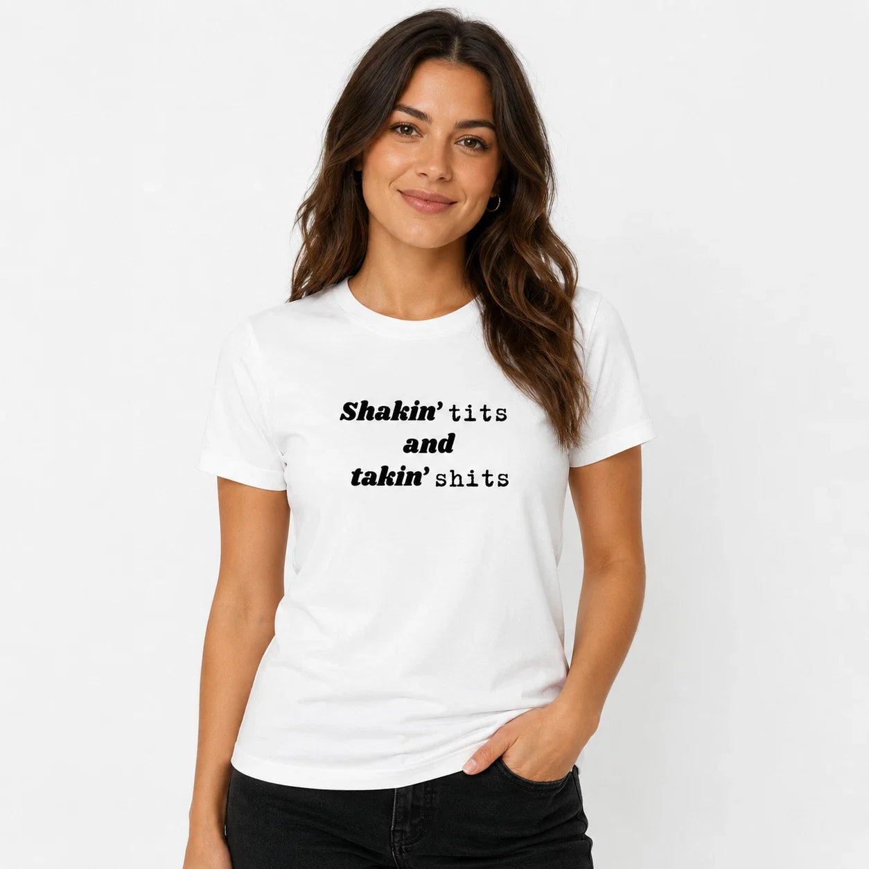 Funny Slogan T-Shirt Shakin T!ts & Tak!n Sh!ts White Tee Novelty Gift Top Unisex T-shirt, Sweatshirt, Hoodie, Long Sleeve Tee - T-Shirt, Sweatshirt, Hoodie