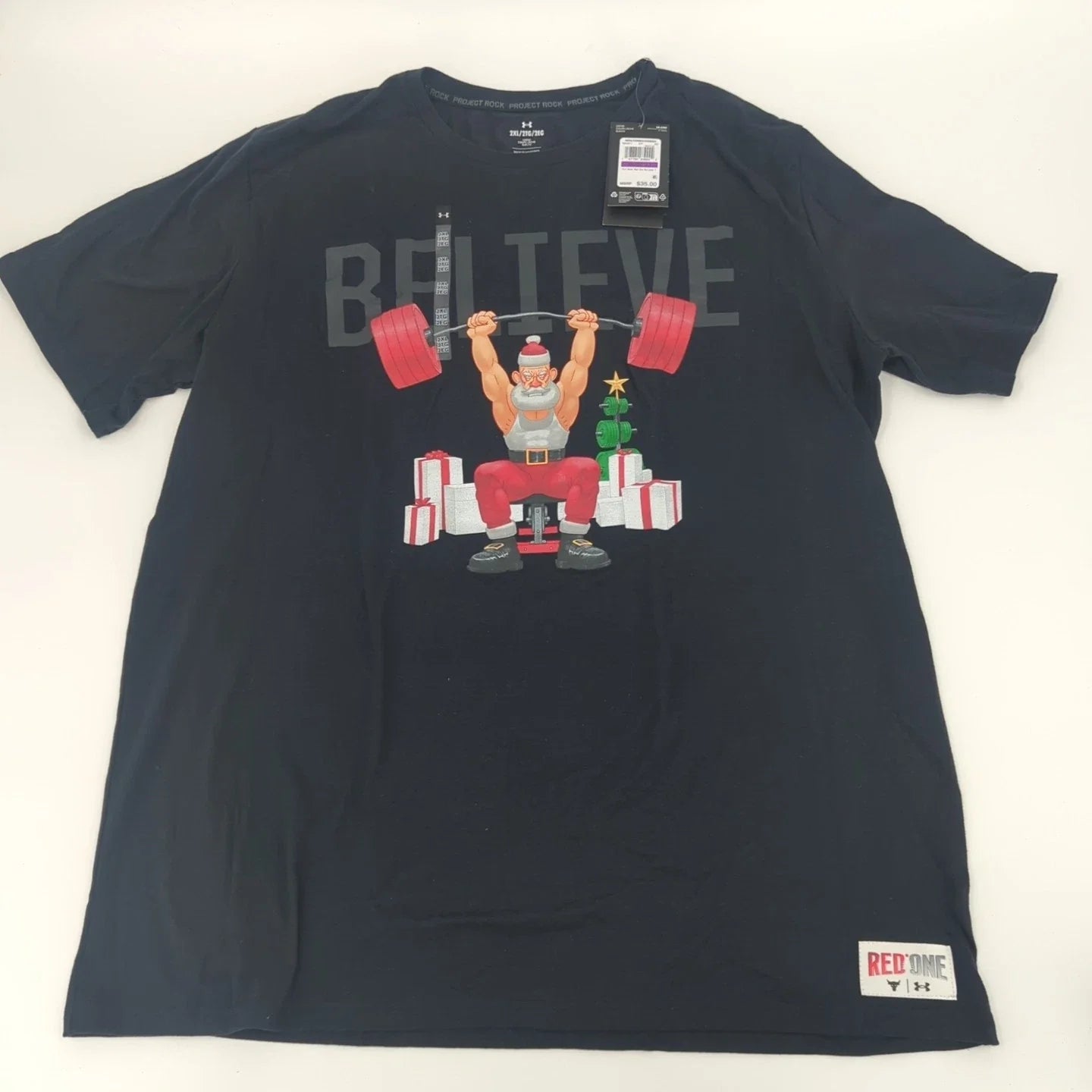 Under Armour Project Rock Believe Santa Weightlifting Graphic T-Shirt 3XL Loose Unisex T-shirt, Sweatshirt, Hoodie, Long Sleeve Tee - T-Shirt, Sweatshirt, Hoodie