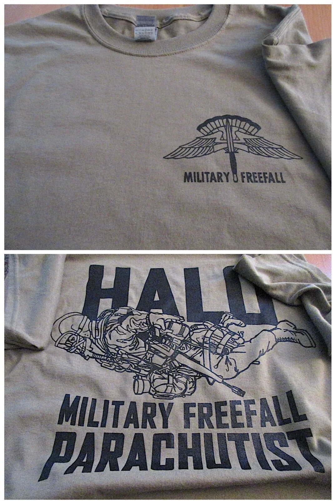 HALO Military FREEFALL Parachutist T-Shirt Large US Design Parachuting TAN Unisex T-shirt, Sweatshirt, Hoodie, Long Sleeve Tee - T-Shirt, Sweatshirt, Hoodie