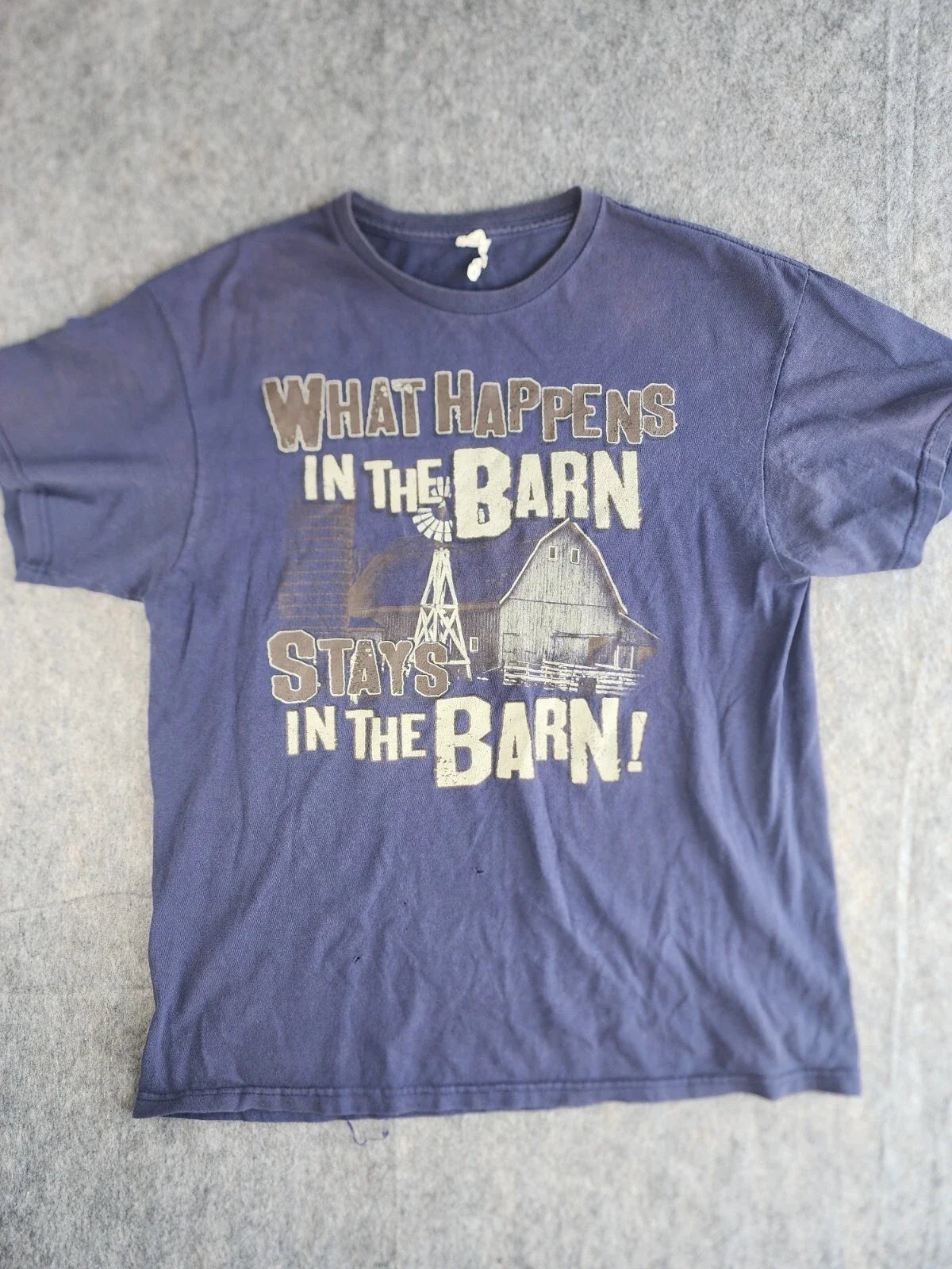 Y2K What Happens in the Barn Graphic T Shirt Size Large Distressed Unisex T-shirt, Sweatshirt, Hoodie, Long Sleeve Tee - T-Shirt, Sweatshirt, Hoodie