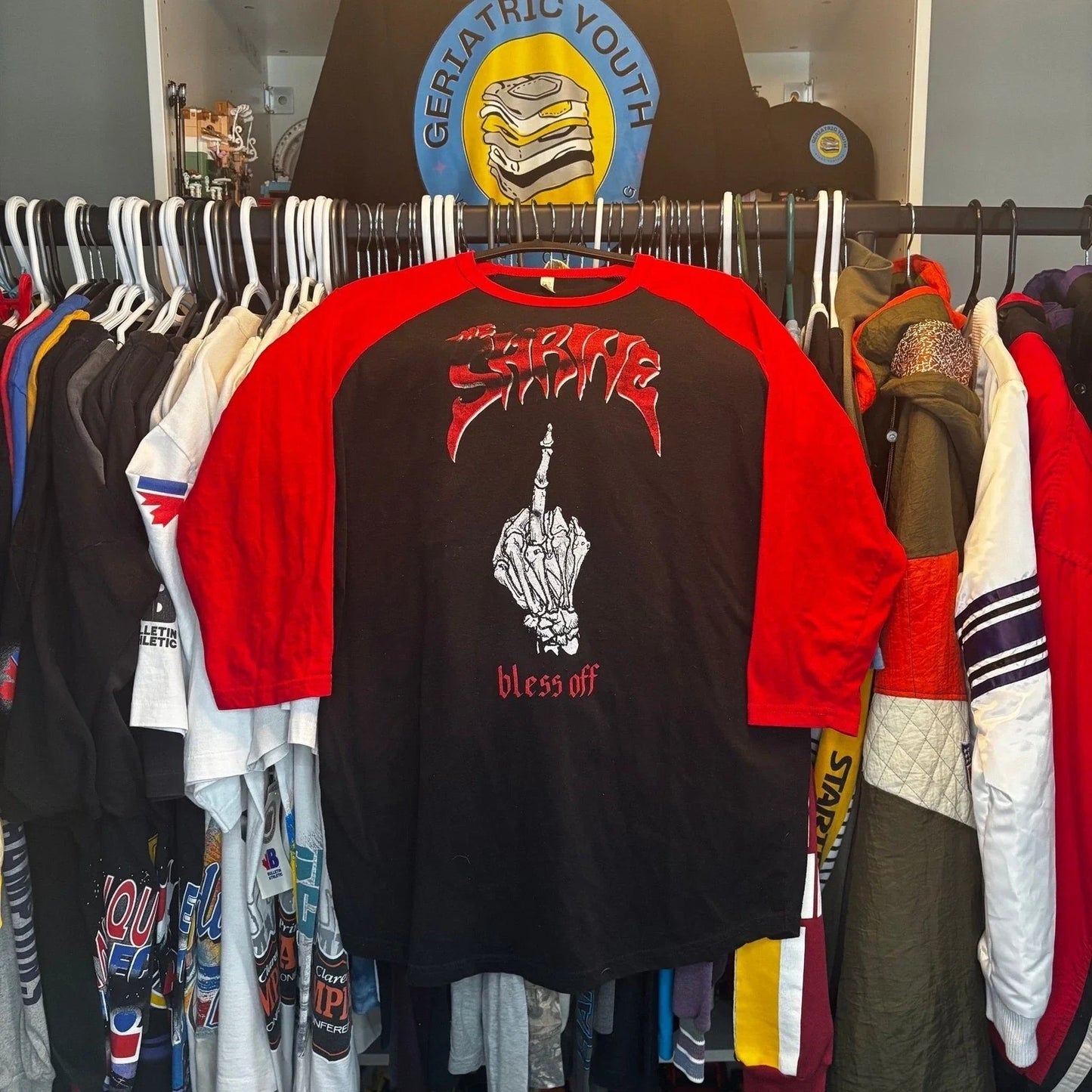The Shrine Bless Off Raglan 3/4 Sleeve Shirt Large Black Red Hardcore Punk Tee Unisex T-shirt, Sweatshirt, Hoodie, Long Sleeve Tee - T-Shirt, Sweatshirt, Hoodie