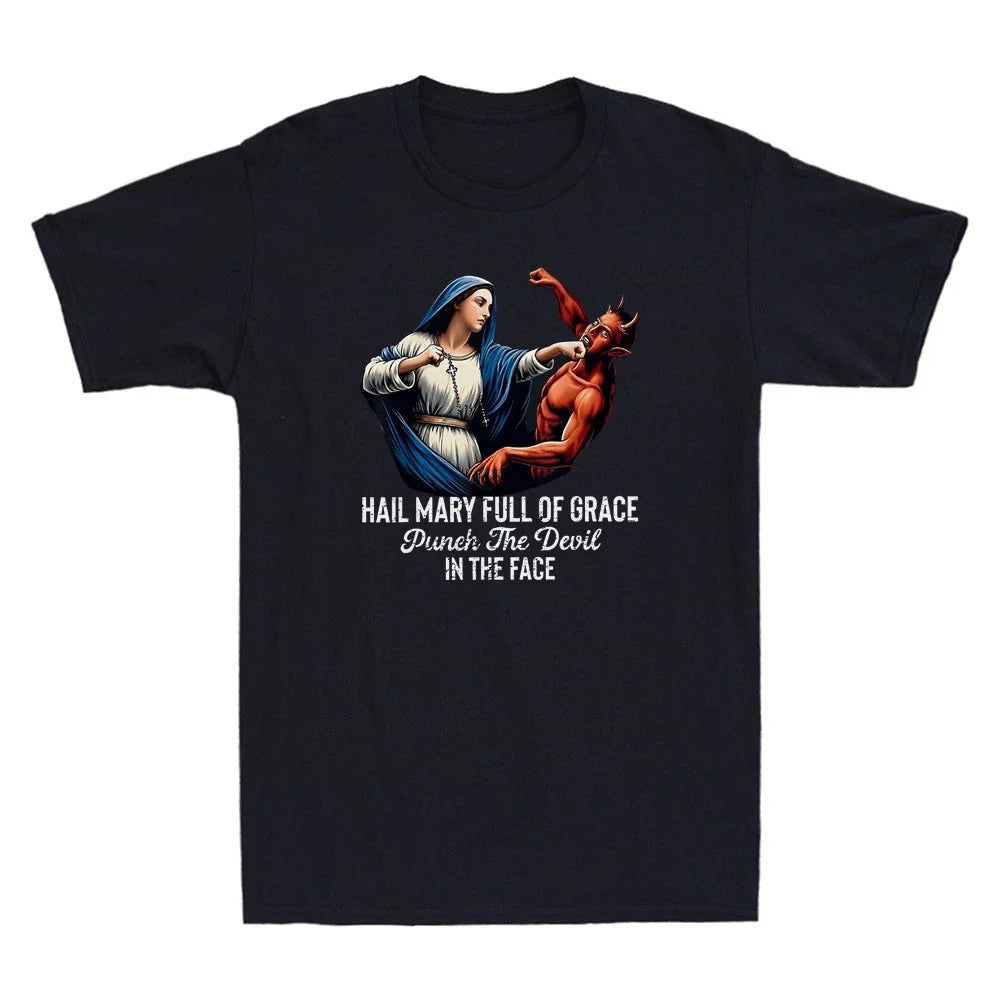 Hail Mary Full of Grace Punch the Devil Funny Meme Christian Retro Men's T-Shirt Unisex T-shirt, Sweatshirt, Hoodie, Long Sleeve Tee - T-Shirt, Sweatshirt, Hoodie