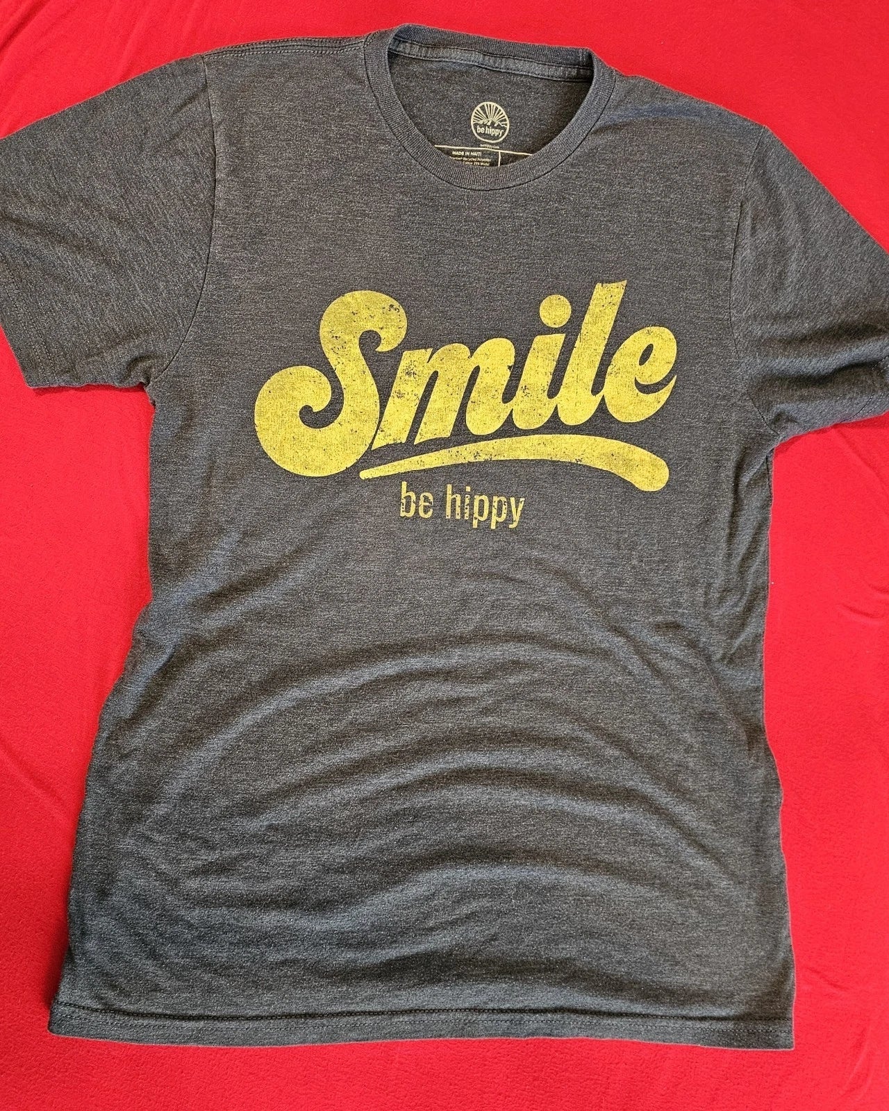 Smile - Be Hippy Distressed Short Sleeve Crewneck T-shirt Adult Small Blue Unisex T-shirt, Sweatshirt, Hoodie, Long Sleeve Tee - T-Shirt, Sweatshirt, Hoodie