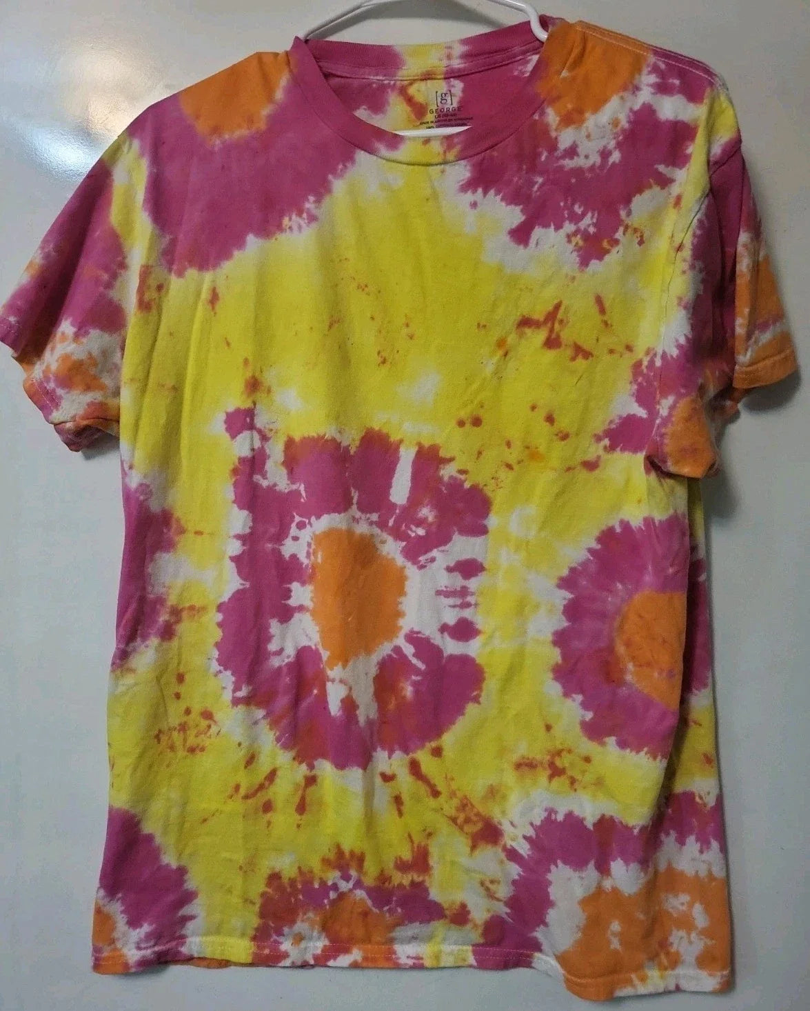 Unisex Tie Dye T shirt, Size Large George Cotton- Yellow, Pink, White & Orange Unisex T-shirt, Sweatshirt, Hoodie, Long Sleeve Tee - T-Shirt, Sweatshirt, Hoodie