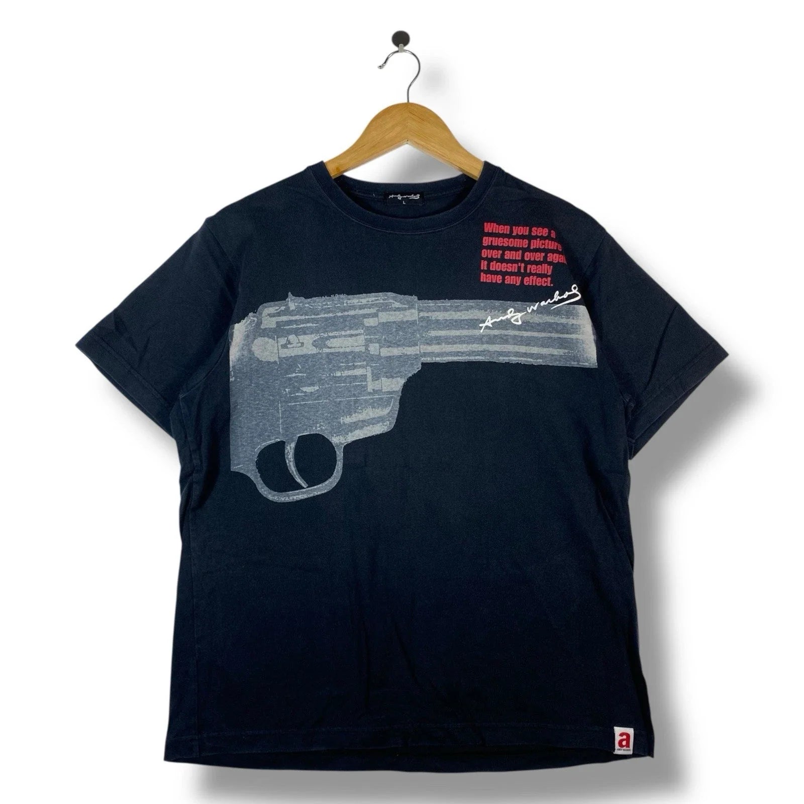 Vintage 00's ANDY WARHOL Gun Pop Art Graphic Tee Shirt Large Size Unisex T-shirt, Sweatshirt, Hoodie, Long Sleeve Tee - T-Shirt, Sweatshirt, Hoodie