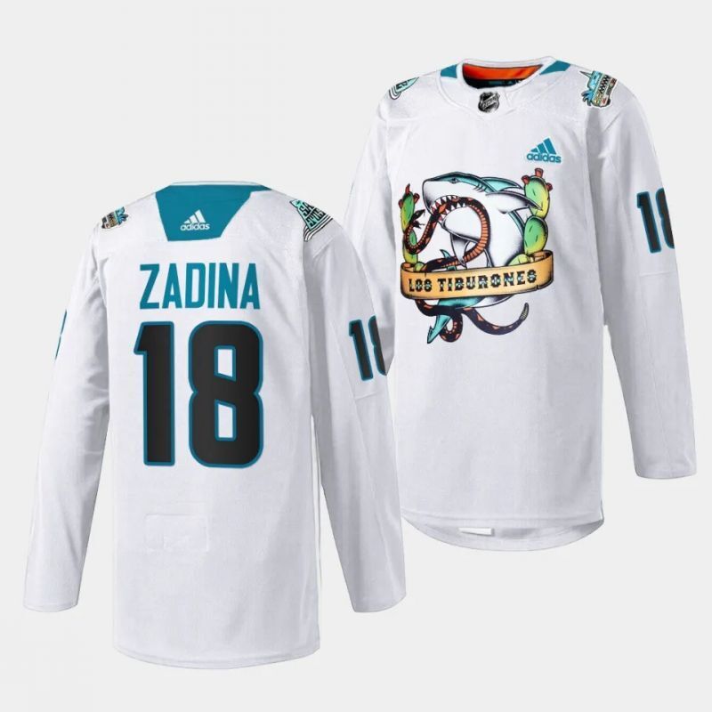 san jose sharks #18 filip zadina 2023 los tiburones white special jersey Hockey Jersey hockey jersey product view 1