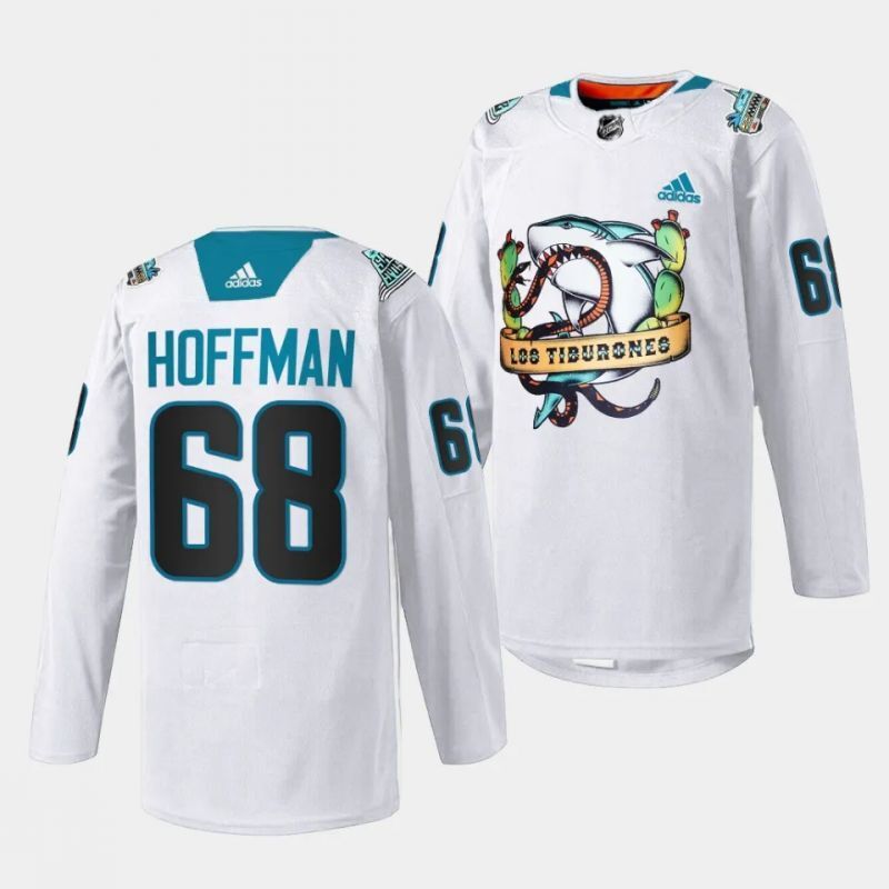 san jose sharks #68 mike hoffman 2023 los tiburones white special jersey Hockey Jersey hockey jersey product view 1