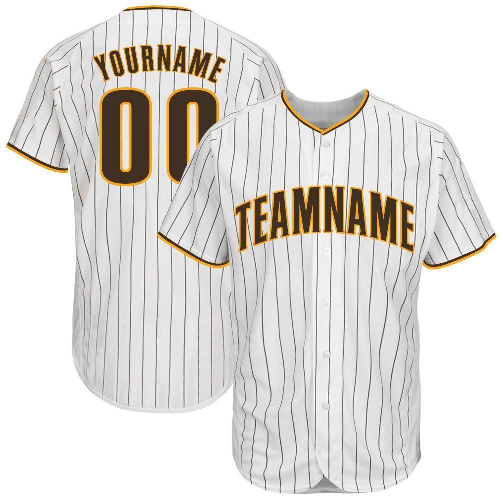 Custom White Brown Pinstripe Brown-Gold Baseball Jersey baseball jersey product view 1
