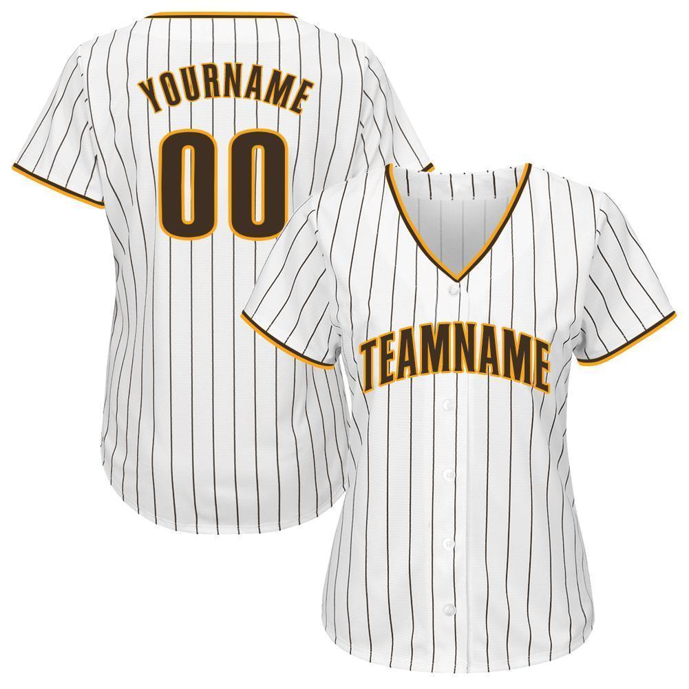 Custom White Brown Pinstripe Brown-Gold Baseball Jersey baseball jersey product view 2