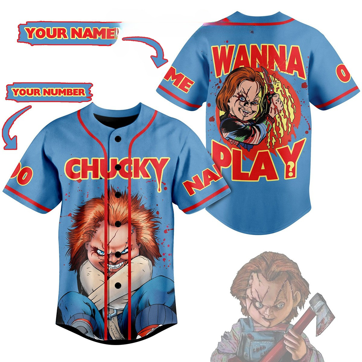 Scary Chucky Wanna Play Custom Blue Baseball Jersey baseball jersey product view 1