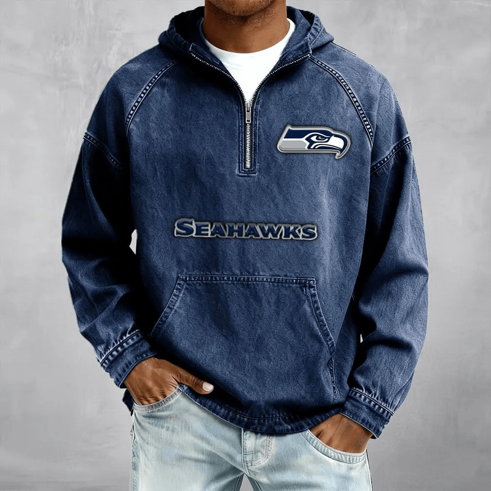 Seattle Seahawk Men's Half-Zip Denim Hoodie For Fan Unisex T-shirt, Sweatshirt, Hoodie, Long Sleeve Tee - T-Shirt, Sweatshirt, Hoodie