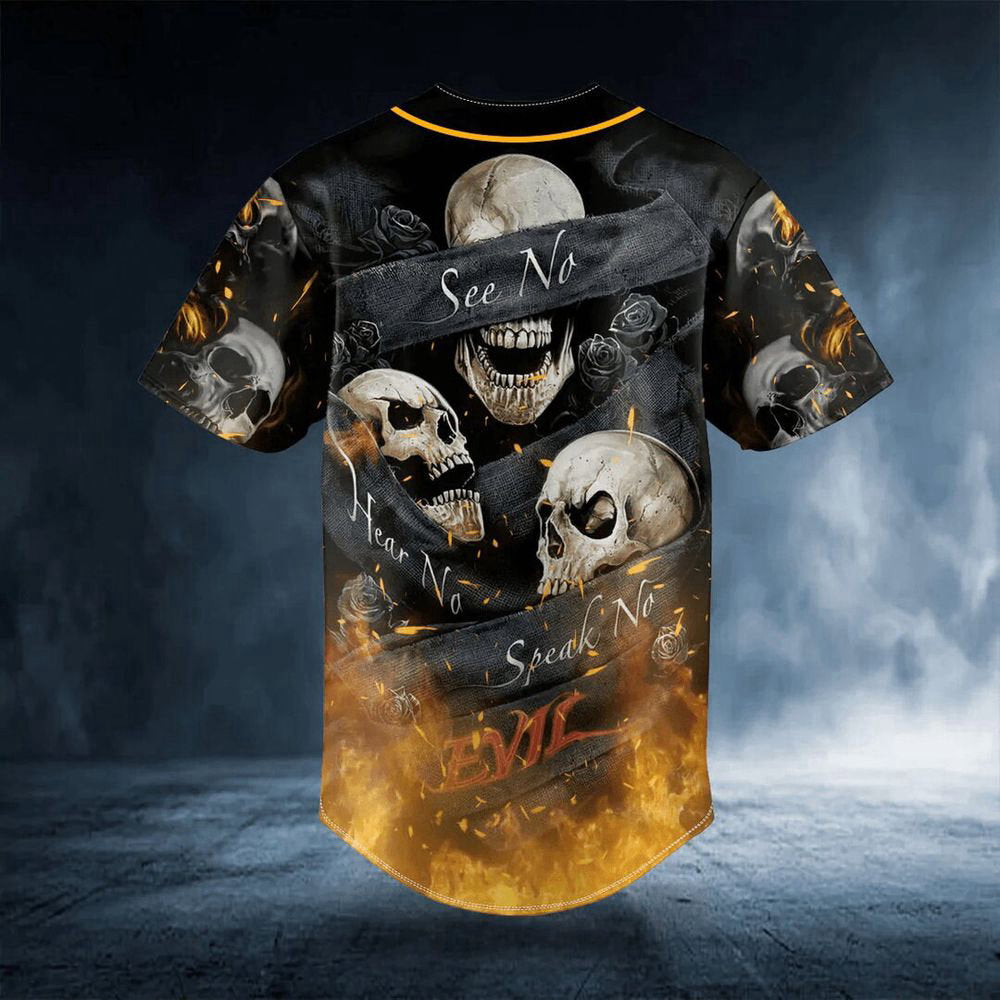 See Hear Speak No Evil Fire Skull Custom Baseball Jersey For Men Women - lylyprint.com baseball jersey product view 3