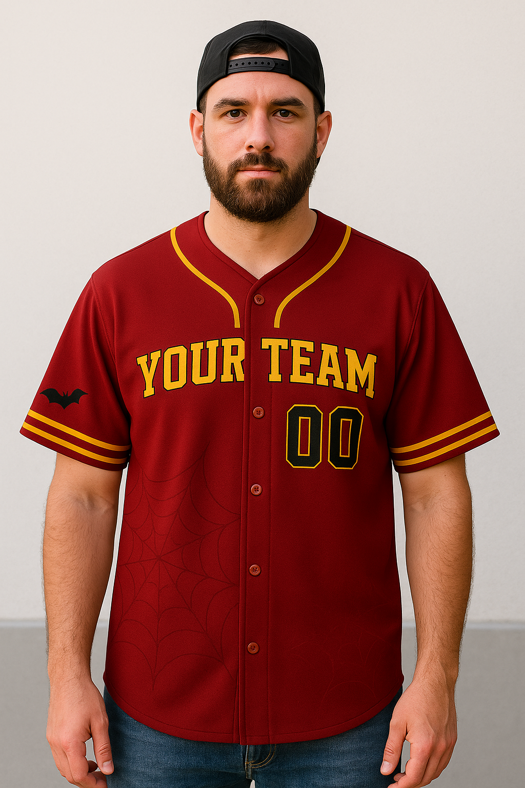 Custom Halloween Baseball Jersey – Personalized Team Name & Number – Red & Gold Sports Jersey baseball jersey product view 2