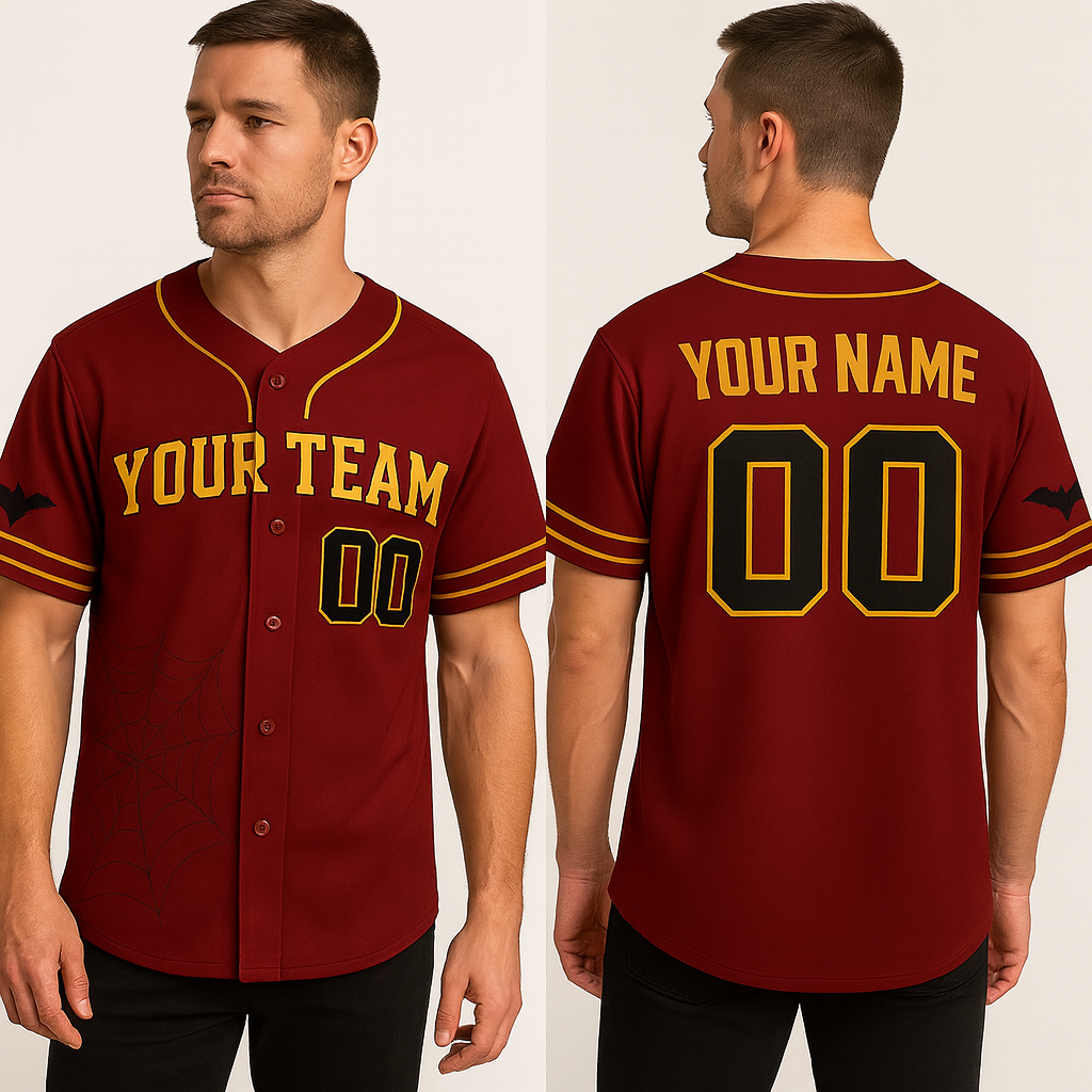 Custom Halloween Baseball Jersey – Personalized Team Name & Number – Red & Gold Sports Jersey baseball jersey product view 3