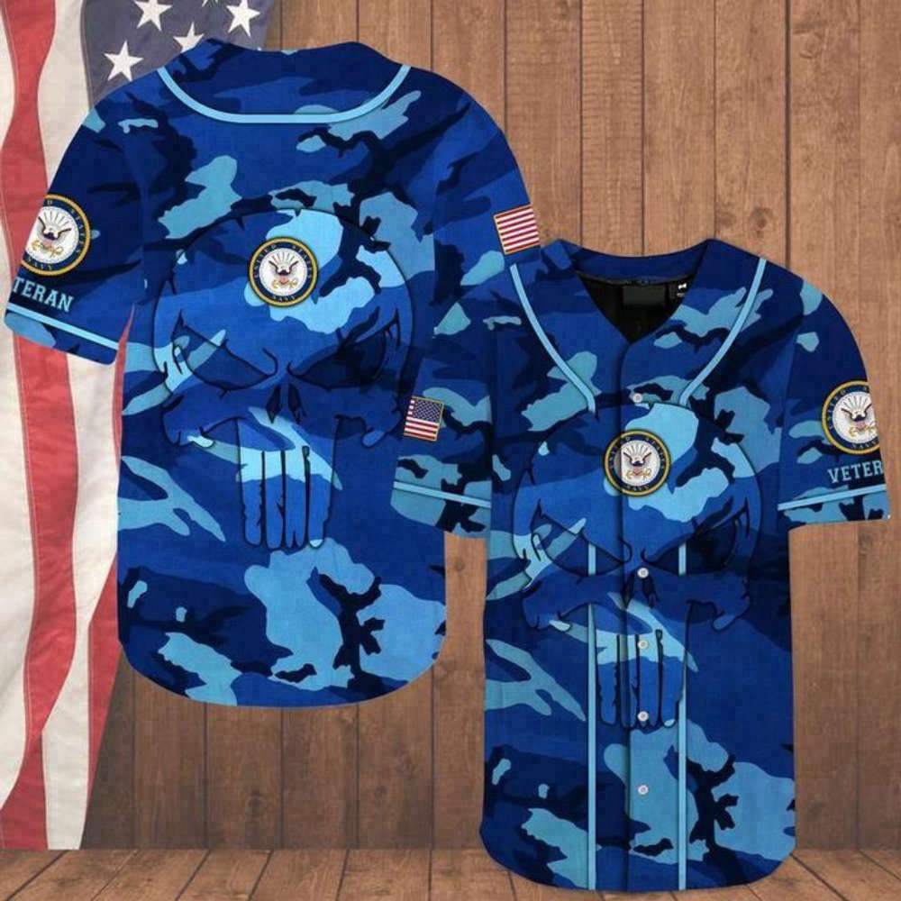 Skull Camo Veteran US Navy Baseball Jersey: Show Your Pride! baseball jersey product view 2