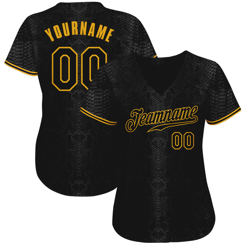 Custom Black Snakeskin Black-Gold 3D Pattern Design Authentic Baseball Jersey baseball jersey product view 2