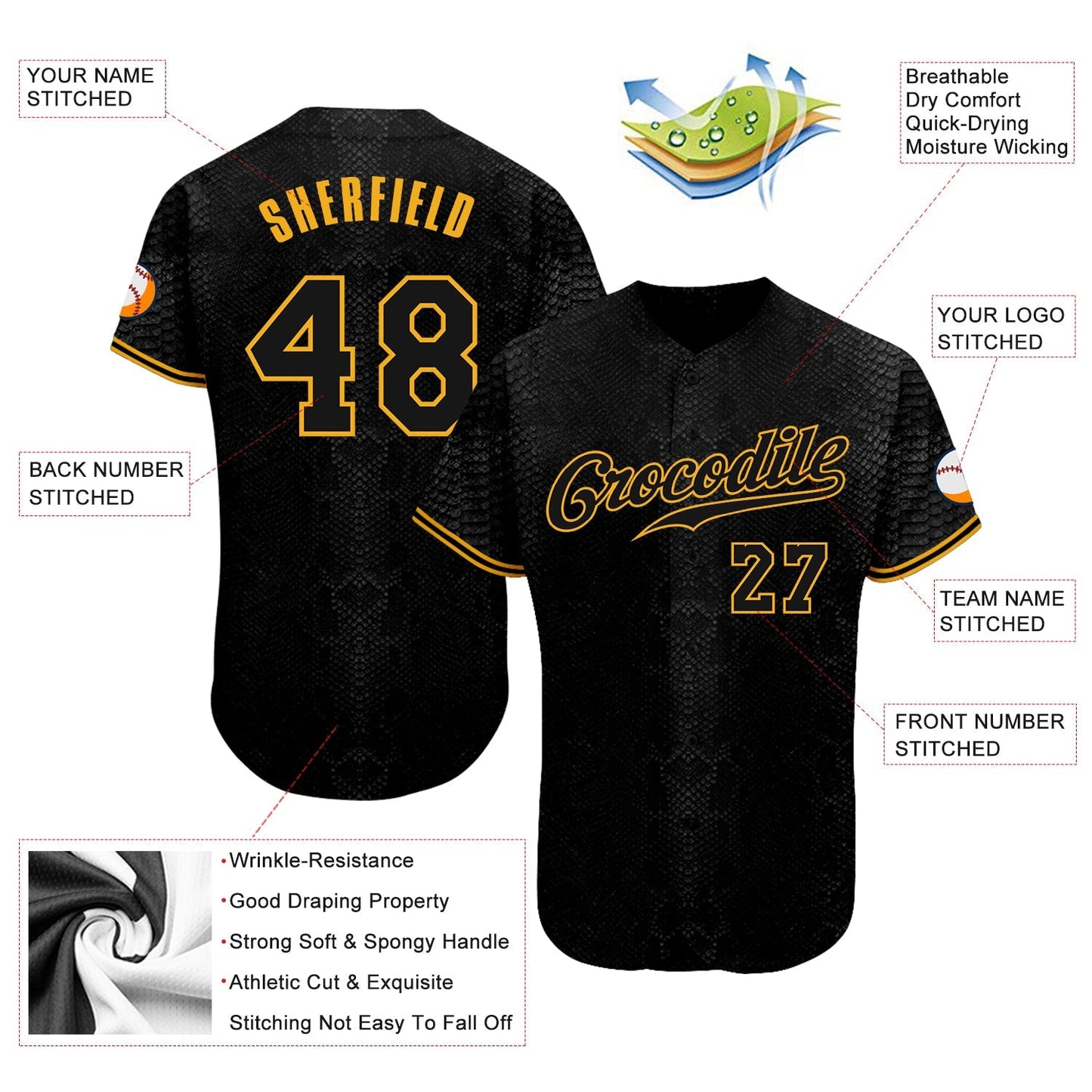 Custom Black Snakeskin Black-Gold 3D Pattern Design Authentic Baseball Jersey baseball jersey product view 3
