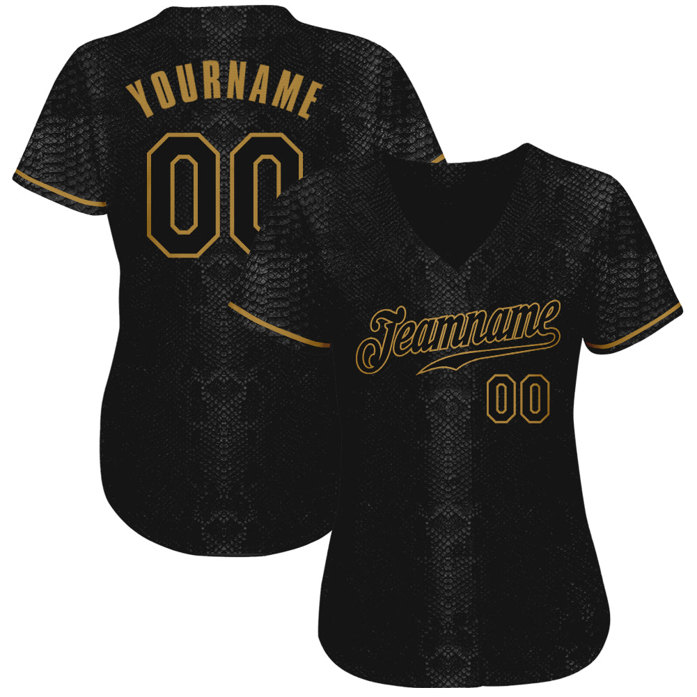 Custom Black Snakeskin Black-Old Gold 3D Pattern Design Authentic Baseball Jersey baseball jersey product view 2