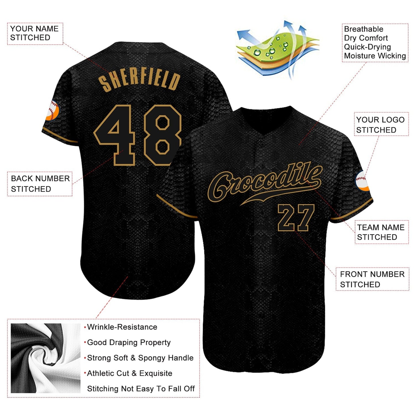 Custom Black Snakeskin Black-Old Gold 3D Pattern Design Authentic Baseball Jersey baseball jersey product view 3