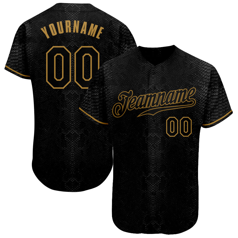 Custom Black Snakeskin Black-Old Gold 3D Pattern Design Authentic Baseball Jersey baseball jersey product view 1