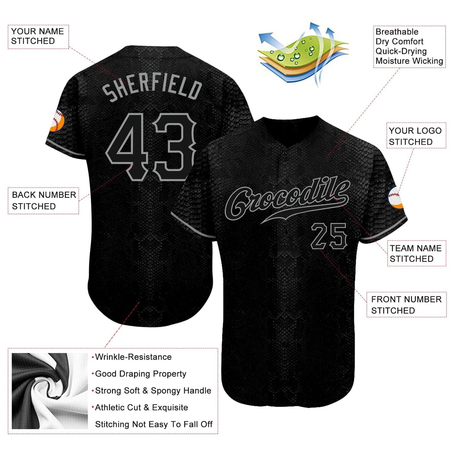 Custom Black Snakeskin Black-Gray 3D Pattern Design Authentic Baseball Jersey baseball jersey product view 3