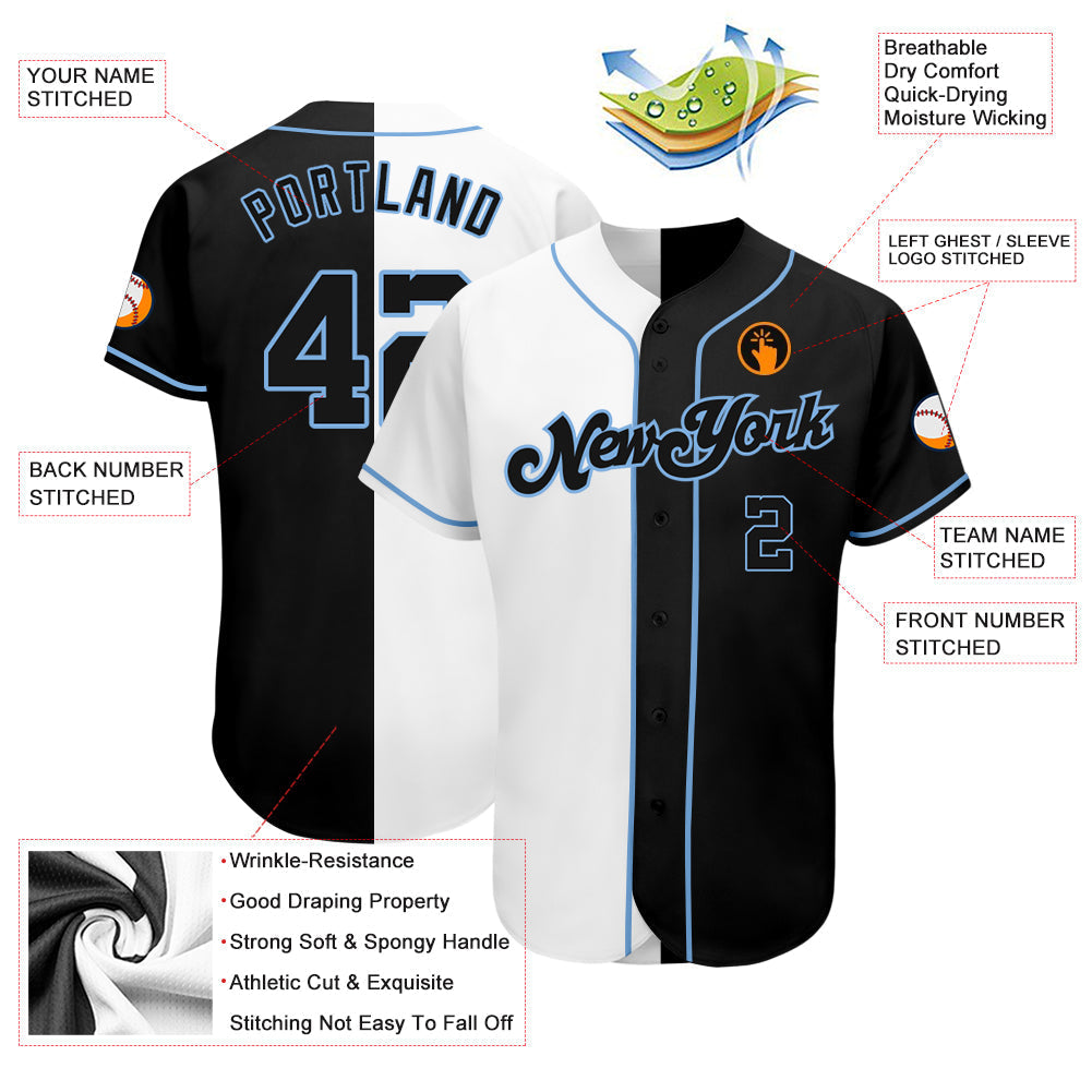 Custom White-Black Light Blue Authentic Split Fashion Baseball Jersey baseball jersey product view 3