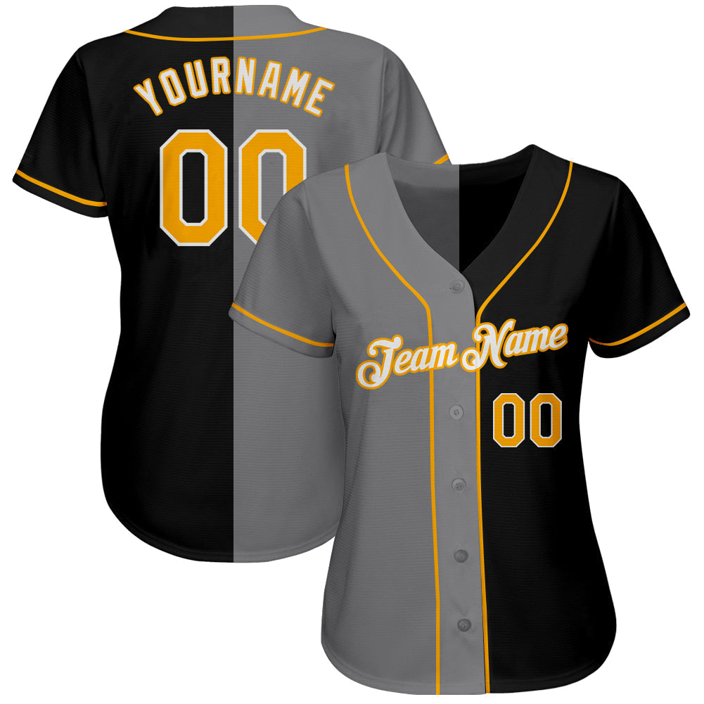 Custom Black Gold-Gray Authentic Split Fashion Baseball Jersey baseball jersey product view 2