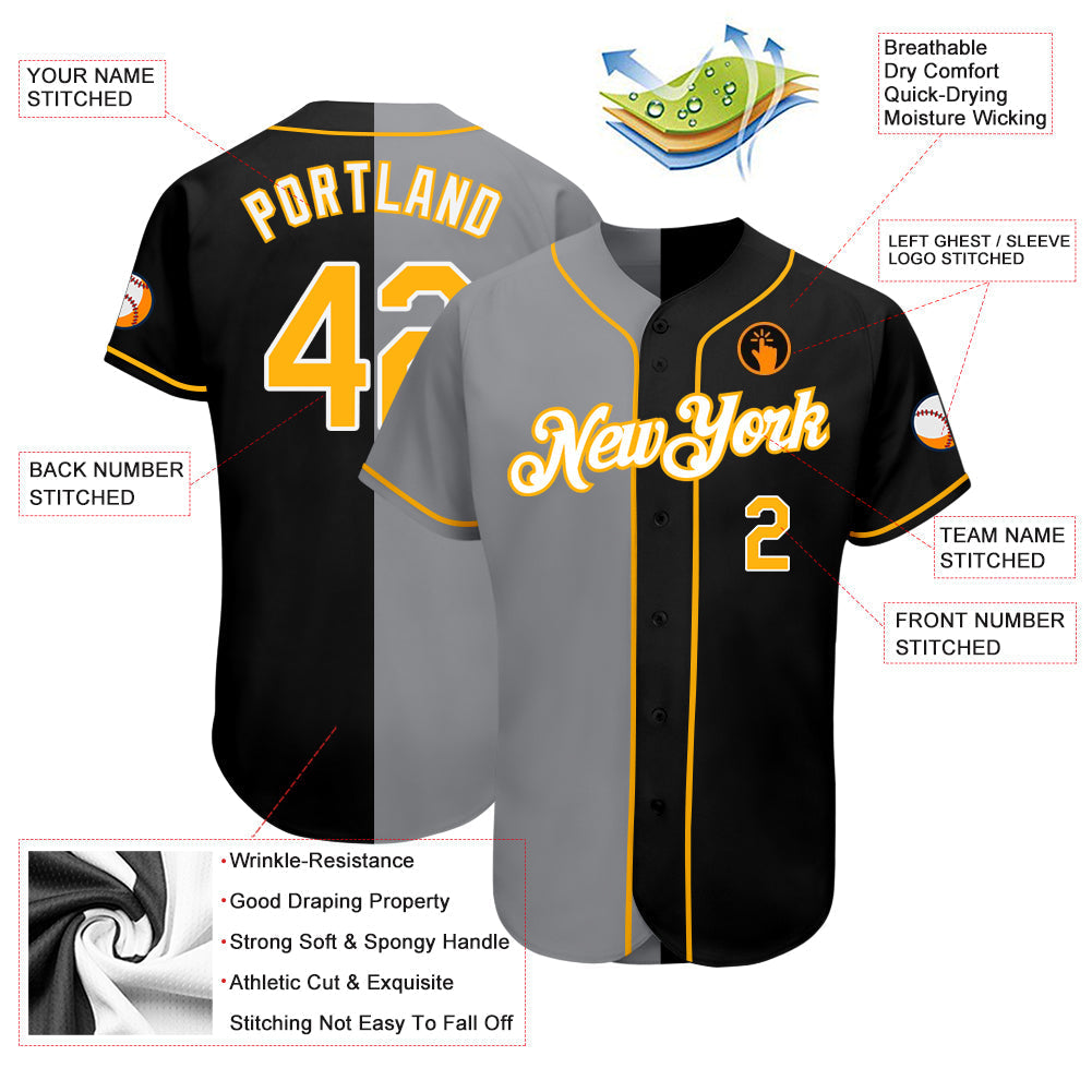 Custom Black Gold-Gray Authentic Split Fashion Baseball Jersey baseball jersey product view 3