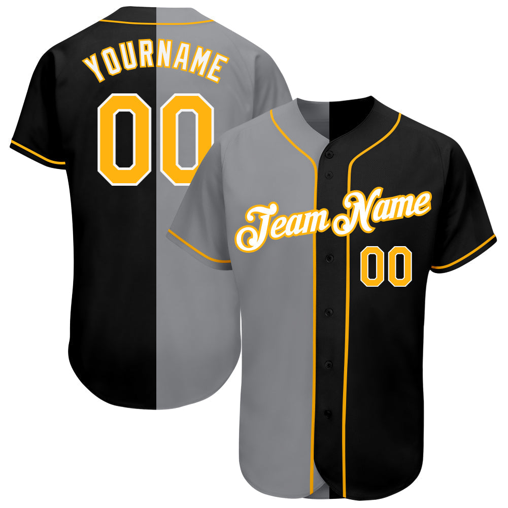 Custom Black Gold-Gray Authentic Split Fashion Baseball Jersey baseball jersey product view 1
