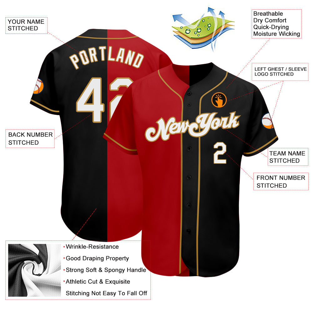 Custom Black White-Red Old Gold Authentic Split Fashion Baseball Jersey baseball jersey product view 3