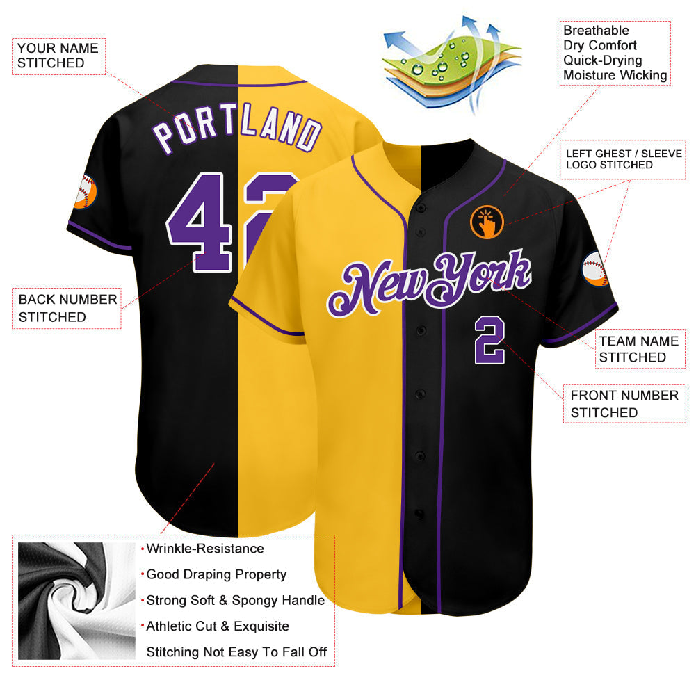 Custom Black Purple-Yellow Authentic Split Fashion Baseball Jersey baseball jersey product view 3