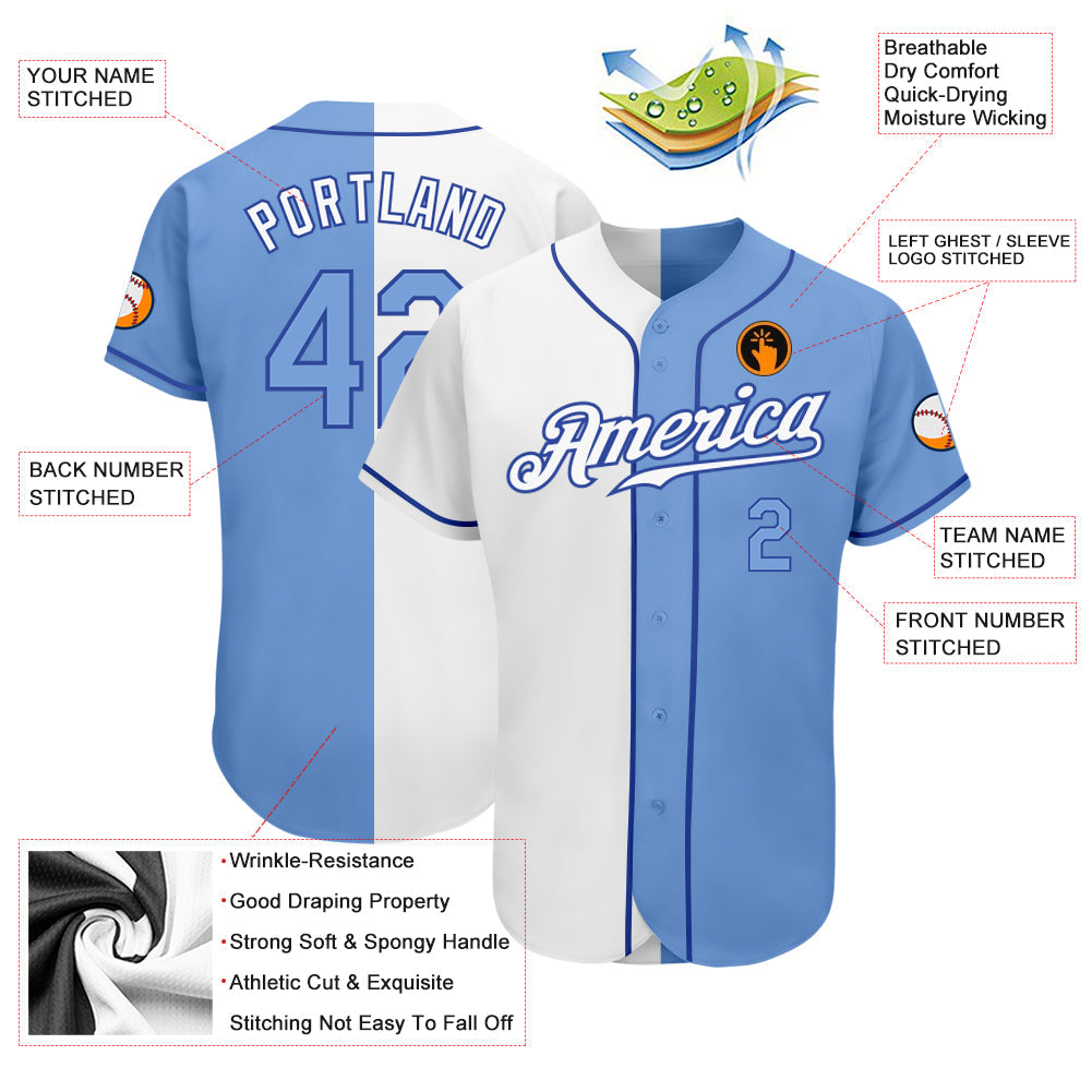 Custom White Light Blue-Royal Authentic Split Fashion Baseball Jersey baseball jersey product view 3