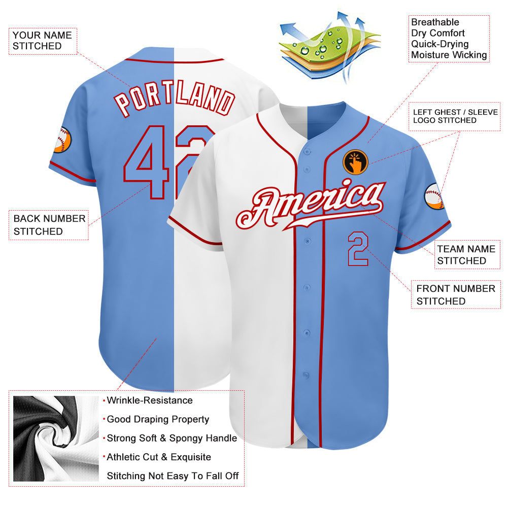 Custom White Light Blue-Red Authentic Split Fashion Baseball Jersey baseball jersey product view 3