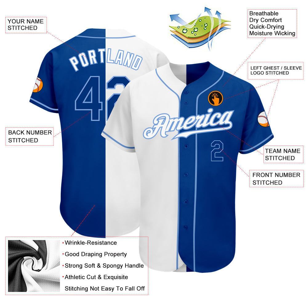 Custom White Royal-Light Blue Authentic Split Fashion Baseball Jersey baseball jersey product view 3